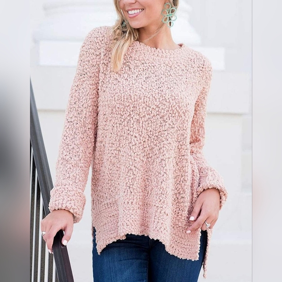 NWT MEROKEETY Womens Pink Long Sleeve Sherpa Fleece Sweater Side Slit Sz Large - Picture 3 of 4